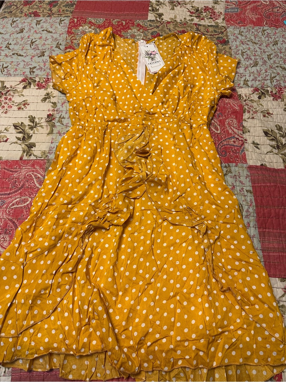 Yellow Polka Dot Ruffle Wrap Dress by Unknown Brand